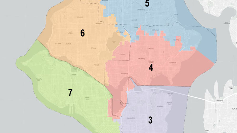 One of the proposed maps for Seattle's redrawn council districts....