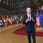 
              U.S. President Joe Biden, left, speaks with the media as he stands with European Council President Charles Michel during arrival for an EU summit at the European Council building in Brussels, Thursday, March 24, 2022. As the war in Ukraine grinds into a second month, President Joe Biden and Western allies are gathering to chart a path to ramp up pressure on Russian President Vladimir Putin while tending to the economic and security fallout that's spreading across Europe and the world. (AP Photo/Geert Vanden Wijngaert)
            