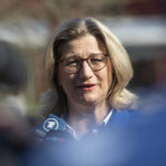 
              German politician Anke Rehlinger, SPD's top candidate, speaks to the media at a polling station in Nunkirchen, Saarland, Germany, Sunday, March 27, 2022. The western German state of Saarland is holding a state election that offers the country’s first test at the ballot box since Chancellor Olaf Scholz’s national government took office in December. Polls point to a solid lead for Scholz’s center-left Social Democrats in a region led since 1999 by the center-right Christian Democratic Union of former Chancellor Angela Merkel. (Boris Roessler/dpa via AP)
            