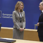 
              German Chancellor Olaf Scholz, right, speaks with Estonia's Prime Minister Kaja Kallas during a round table meeting at an EU summit in Brussels, Thursday, March 24, 2022. As the war in Ukraine grinds into a second month, President Joe Biden and Western allies are gathering to chart a path to ramp up pressure on Russian President Vladimir Putin while tending to the economic and security fallout that's spreading across Europe and the world. (AP Photo/Olivier Matthys)
            