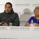 
              The Inuit community President, Natan Obed, left, and Martha Greig of the Inuit community attend a press conference in Rome, Monday, March 28, 2022, after meeting with Pope Francis at The Vatican. Indigenous leaders from Canada and survivors of the country's notorious residential schools met with Pope Francis on Monday and told him of the abuses they suffered at the hands of Catholic priests and school workers, in hopes of securing a papal apology from him and a commitment by the church to repair the harm done. (AP Photo/Gregorio Borgia)
            