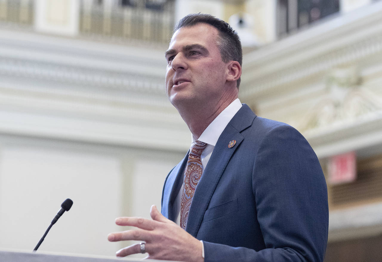 FILE - Oklahoma Gov. Kevin Stitt delivers his State of the State address in Oklahoma City on Monday...