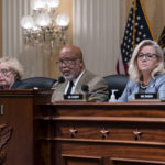 
              Chairman Bennie Thompson, D-Miss., center, flanked by Rep. Zoe Lofgren, D-Calif., left, and Vice Chair Liz Cheney, R-Wyo., makes a statement as the House committee investigating the Jan. 6 attack on the U.S. Capitol pushes ahead with contempt charges against former advisers to Donald Trump, Peter Navarro and Dan Scavino, in response to their refusal to comply with subpoenas, at the Capitol in Washington, Monday, March 28, 2022. Navarro, President Donald Trump's trade adviser, and Scavino, a White House communications aide under Trump, have been uncooperative in the congressional probe into the deadly 2021 insurrection. (AP Photo/J. Scott Applewhite)
            