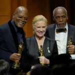
              Honorary award recipients Samuel L. Jackson, left, and Liv Ullmann, center, and Jean Hersholt Humanitarian Award recipient Danny Glover pose at the Governors Awards on Friday, March 25, 2022, at the Dolby Ballroom in Los Angeles. (AP Photo/Chris Pizzello)
            