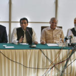 
              Leader of the Muttahida Qaumi Movement Khalid Maqbool Siddiqui, second left, with opposition parties leaders Bilawal Bhutto Zardari, left, Shahbaz Sharif, second right, and Maulana Fazal-ur-Rehman give a press conference, in Islamabad, Pakistan, Wednesday, March 30, 2022. Lawmakers appeared poised to push Prime Minister Imran Khan out of power in an upcoming no-confidence vote, after a small but key coalition partner abandoned him and joined the opposition. (AP Photo/Anjum Naveed)
            
