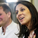 
              Nazanin Zaghari-Ratcliffe, right speaks with her husband Richard Ratcliffe at left, during a press conference hosted by her local MP Tulip Siddiq, in the Macmillan Room, Portcullis House, following her release from detention in Iran, in London, Monday March 21, 2022. (Victoria Jones/Pool Photo via AP)
            