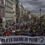 
              People protest holding a banner reading in Spanish: "No to Putin's war"against Russia's war in Ukraine, in  downtown Madrid, Spain, Sunday, March 20, 2022. (AP Photo/Manu Fernandez)
            