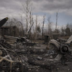 
              Parts of a destroyed aircraft at the Antonov airport in Hostomel, outskirts of Kyiv, Ukraine, Monday, April 4, 2022. (AP Photo/Felipe Dana)
            