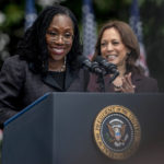 
              Judge Ketanji Brown Jackson, accompanied by Vice President Kamala Harris, speaks during an event on the South Lawn of the White House in Washington, Friday, April 8, 2022, celebrating the confirmation of Jackson as the first Black woman to reach the Supreme Court. (AP Photo/Andrew Harnik)
            