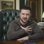 
              In this image from video provided by the Ukrainian Presidential Press Office, Ukrainian President Volodymyr Zelenskyy speaks from Kyiv, Ukraine, Saturday, April 16, 2022. (Ukrainian Presidential Press Office via AP)
            