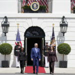 
              President Joe Biden, accompanied by Vice President Kamala Harris and Judge Ketanji Brown Jackson, walks to speak at an event on the South Lawn of the White House in Washington, Friday, April 8, 2022, celebrating the confirmation of Jackson as the first Black woman to reach the Supreme Court. (AP Photo/Andrew Harnik)
            