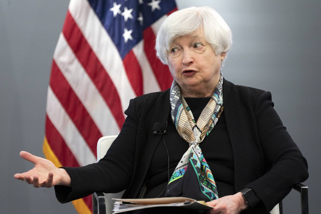 FILE - Treasury Secretary Janet Yellen speaks to the Atlantic Council, on April 13, 2022, in Washin...