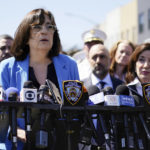 
              First Deputy Mayor Lorraine Grillo, left, speaks at a news conference, as New York Gov. Kathy Hochul listens, right, in the Brooklyn borough of New York, Tuesday, April 12, 2022. Multiple people were shot Tuesday morning at a subway station in the Brooklyn borough of New York, law enforcement sources said. (AP Photo/John Minchillo)
            