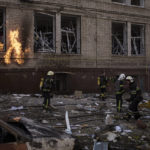
              Firefighters work to extinguish multiple fires after a Russian attack in Kharkiv, Ukraine, Saturday, April 16, 2022. (AP Photo/Felipe Dana)
            