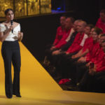 
              Meghan Markle, Duchess of Sussex, speaks during the opening ceremony of the Invictus Games venue in The Hague, Netherlands, Saturday, April 16, 2022. The week-long games for active servicemen and veterans who are ill, injured or wounded opens Saturday in this Dutch city that calls itself the global center of peace and justice. (AP Photo/Peter Dejong)
            