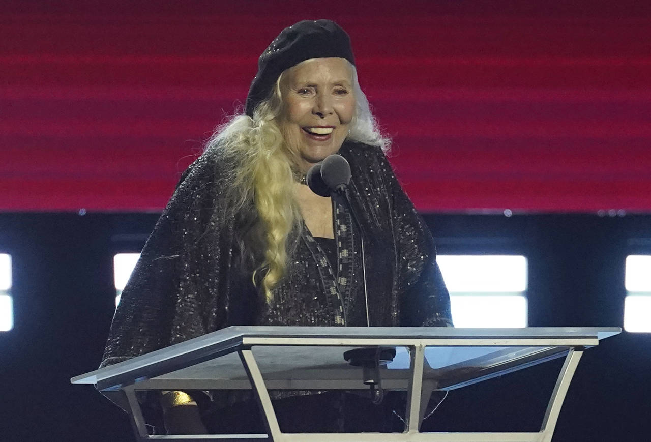 Joni Mitchell accepts the Person of the Year award at the 31st annual MusiCares benefit gala on Fri...