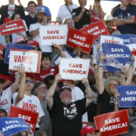 
              Supporters of former President Donald Trump cheer at a rally at the Delaware County Fairgrounds, Saturday, April 23, 2022, in Delaware, Ohio, to endorse Republican candidates ahead of the Ohio primary on May 3. (AP Photo/Joe Maiorana)
            