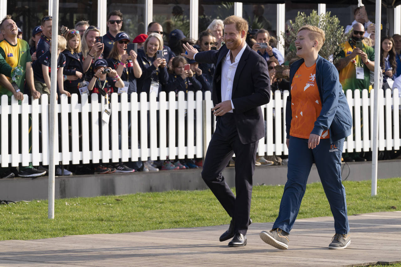 Prince Harry, Duke of Sussex, arrives at the Invictus Games venue in The Hague, Netherlands, Friday...