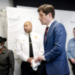
              Mayor Jacob Frey folds his notes and leaves as reporters continue asking questions at a press conference on Minnesota Department of Human Rights findings, Wednesday, April 27, 2022, in Minneapolis. (Glen Stubbe/Star Tribune via AP)
            