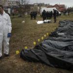 
              Forensic worker stand next to corpses of civilians killed during the war against Russia after being collected from a mass grave in Kyiv, Ukraine, Friday, April 8, 2022. (AP Photo/Rodrigo Abd)
            