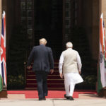 
              Britain's Prime Minister Boris Johnson with Prime Minister of India Narendra Modi at Hyderabad House in Delhi, as part of his two day trip to India, Friday, April 22, 2022. (Stefan Rousseau/Pool Photo via AP)
            