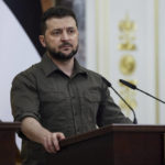 
              In this image provided by the Ukrainian Presidential Press Office, Ukrainian President Volodymyr Zelenskyy attends a news conference during his meeting with Lithuania's President Gitanas Nauseda, Polish President Andrzej Duda, Latvian President Egils Levits and Estonia's President Alar Karis in Kyiv, Ukraine, Wednesday, April 13, 2022. (Ukrainian Presidential Press Office via AP)
            