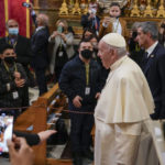 
              Pope Francis arrives at the St. Paul's Basilica in Rabat, Malta, Sunday, April 3, 2022. Francis opened his second and final day in Malta by visiting the Grotto of St. Paul in Rabat, where the disciple stayed after being shipwrecked en route to Rome in AD 60. (AP Photo/Andrew Medichini)
            