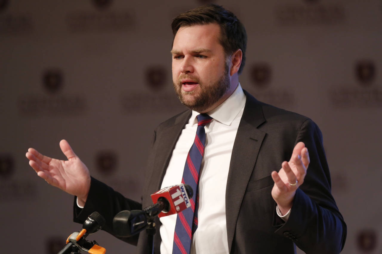 J.D. Vance, a Republican running for an open U.S. Senate seat in Ohio, speaks to reporters followin...