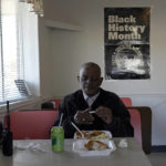 
              Princeville resident Eddie Pettaway eats dinner at Tray-Seas Soul Food Restaurant in Princeville, N.C., Monday, Feb. 28, 2022. The restaurant is one of only a handful of establishments in the historic small town along the banks of the Tar River. Flooding from past hurricanes has left permanent scars on the small town. (AP Photo/Gerry Broome)
            