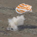 
              In this photo released by the Roscosmos Space Agency, the Russian Soyuz MS-19 space capsule lands southeast of the Kazakh town of Zhezkazgan, Kazakhstan, Wednesday, March 30, 2022. The Soyuz MS-19 capsule landed upright in the steppes of Kazakhstan on Wednesday with NASA astronaut Mark Vande Hei, Russian Roscosmos cosmonauts Anton Shkaplerov and Pyotr Dubrov. (Irina Spektor, Roscosmos Space Agency via AP)
            