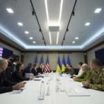
              In this image from video provided by the Ukrainian Presidential Press Office and posted on Facebook, on Monday, April 25, 2022, U.S. Secretary of Defense Lloyd Austin, third from left, and Secretary of State Antony Blinken, forth from left, attend their meeting with Ukrainian President Volodymyr Zelenskyy, fourth from right, in Kyiv, Ukraine. (Ukrainian Presidential Press Office via AP)
            