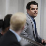 
              Republican Rep. Matt Gaetz, R-Fla., sits in the courtroom ahead of U.S. Rep. Marjorie Taylor Greene hearing, Friday, April 22, 2022, in Atlanta. Taylor Greene is expected to appear at a hearing Friday in Atlanta in a challenge filed by voters who say she shouldn't be allowed to seek reelection because she helped facilitate the attack on the Capitol that disrupted certification of Joe Biden's presidential victory. (AP Photo/John Bazemore, Pool)
            