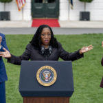 
              Judge Ketanji Brown Jackson, accompanied by President Joe Biden, and Vice President Kamala Harris, speaks during an event on the South Lawn of the White House in Washington, Friday, April 8, 2022, celebrating the confirmation of Jackson as the first Black woman to reach the Supreme Court. (AP Photo/Andrew Harnik)
            