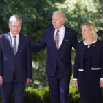 
              President Joe Biden accompanied by Swedish Prime Minister Magdalena Andersson and Finnish President Sauli Niinisto, walks out to speak in the Rose Garden of the White House in Washington, Thursday, May 19, 2022. (AP Photo/Andrew Harnik)
            