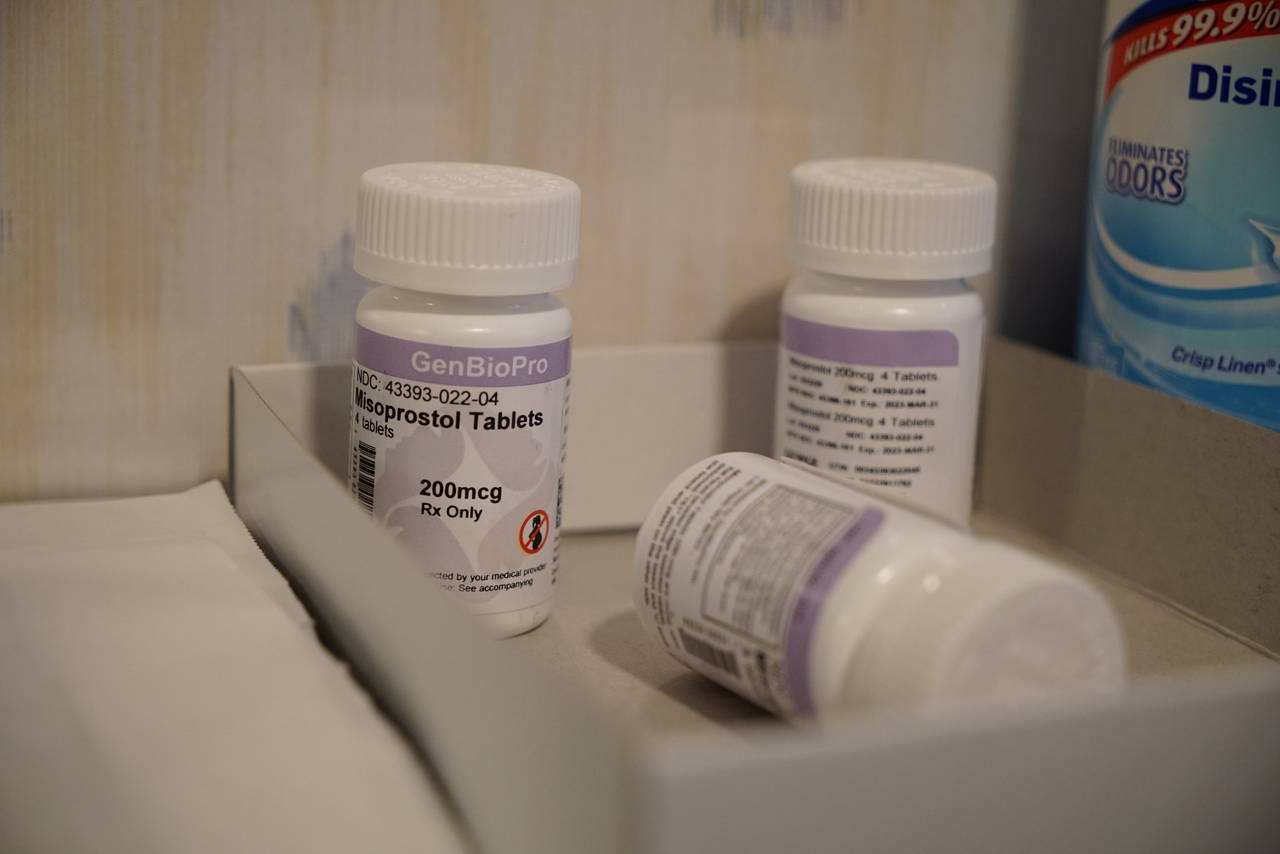 Bottles of the drug misoprostol sit on a table at the West Alabama Women's Center on Tuesday, March...