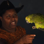 A reveler talks to a parrot in the culmination of the religious tradition, "Folia do Divino Espirito Santo" or Feast of the Divine, in the rural area of Pirenopolis, state of Goias, Brazil, Saturday, May 28, 2022. Celebrated in the period of Pentecost, Christian residents celebrate on what they believe is the coming of the Holy Spirit on the apostles of Jesus Christ. (AP Photo/Eraldo Peres)