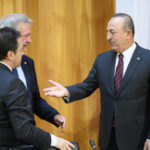 
              Jose Manuel Albares, left, Foreign Minister of Spain, Jean Asselborn, Foreign Minister of Luxembourg, background left, and Mevlut Cavusoglu, Foreign Minister of Turkey, arrive for the first session at the meeting of Nato foreign ministers in Berlin, Germany, Sunday, May 15, 2022. The main topic of the informal consultations of the NATO foreign ministers is the war in Ukraine. (Bernd von Jutrczenka/AP via Pool)
            