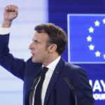 
              French president Emmanuel Macron gestures as he delivers a speech during the Conference on the Future of Europe, in Strasbourg, eastern France, Monday, May 9, 2022. Macron traveled to Strasbourg on Monday as the final report on the Conference of Europe was set to be presented by EU institutions leaders. France currently holds the six-month rotating presidency of the Council of the EU. (AP Photo/Jean-Francois Badias)
            
