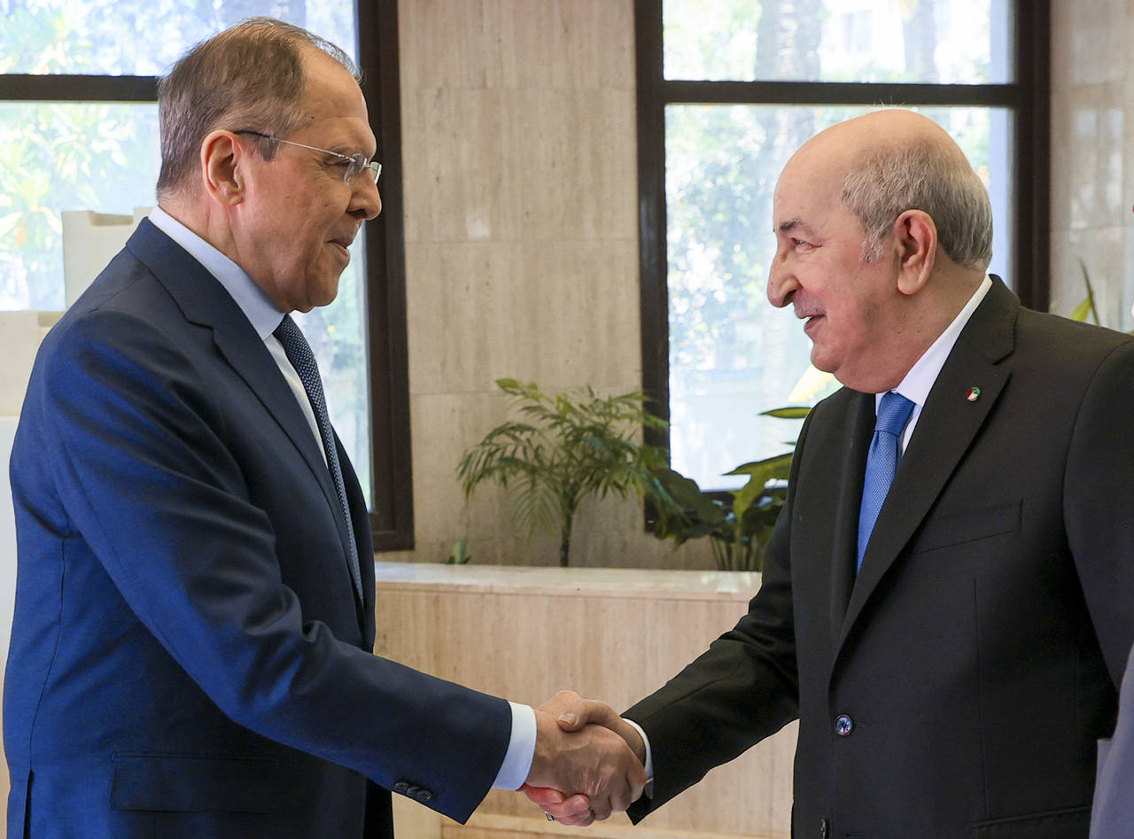 In this photo released by Russian Foreign Ministry Press Service, Algerian President Abdelmadjid Te...