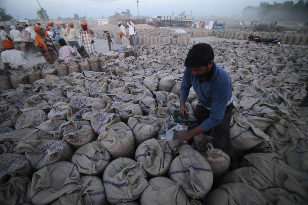 FILE - A laborer seals sacks filled with wheat in Gurdaspur, in the northern Indian state of Punjab...