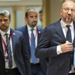 
              European Council President Charles Michel, right, arrives for the an extraordinary meeting of EU leaders to discuss Ukraine, energy and food security in Brussels, Monday, May 30, 2022. European Union leaders will gather Monday in a fresh show of solidarity with Ukraine but divisions over whether to target Russian oil in a new series of sanctions are exposing the limits of how far the bloc can go to help the war-torn country. (AP Photo/Olivier Matthys)
            