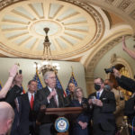 
              Senate Minority Leader Mitch McConnell of Ky., center, fields questions from reporters during a news conference with Republican leadership, Tuesday, May 10, 2022, on Capitol Hill in Washington. (AP Photo/Jacquelyn Martin)
            