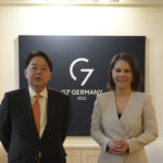 
              Hayashi Yoshimasa, left, Foreign Minister of Japan, and German Foreign Minister Annalena Baerbock, right, meet during the G7 Group of leading democratic economic powers at the Weissenhaus resort in Weissenhaeuser Strand, Germany, Friday, May 13, 2022. In addition to the United States and Germany, the G7 also includes Great Britain, France, Italy, Canada and Japan. The main topic of the meeting is the war in Ukraine. (Kay Nietfeld/DPA via AP, Pool)
            