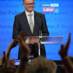 
              Labor Party leader Anthony Albanese speaks to supporters at a Labor Party event in Sydney, Australia, Sunday, May 22, 2022, after Prime Minister Scott Morrison conceding defeat to Albanese in a federal election. (AP Photo/Rick Rycroft)
            