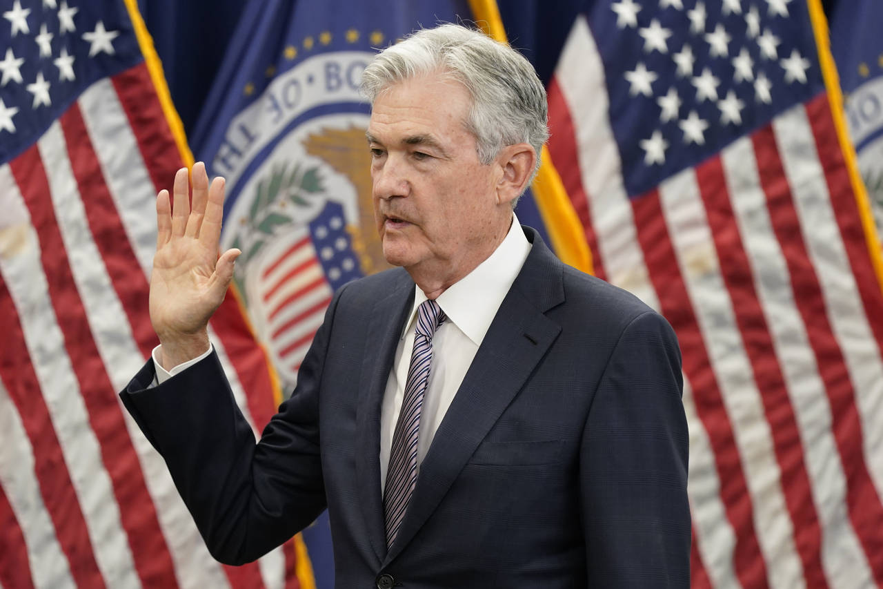 Federal Reserve Board Chair Jerome Powell takes the oath of office for his second term, Monday, May...