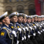 
              Russian sailors march during a dress rehearsal for the Victory Day military parade in Moscow, Russia, Saturday, May 7, 2022. The parade will take place at Moscow's Red Square on May 9 to celebrate 77 years of the victory in WWII. (AP Photo/Alexander Zemlianichenko)
            