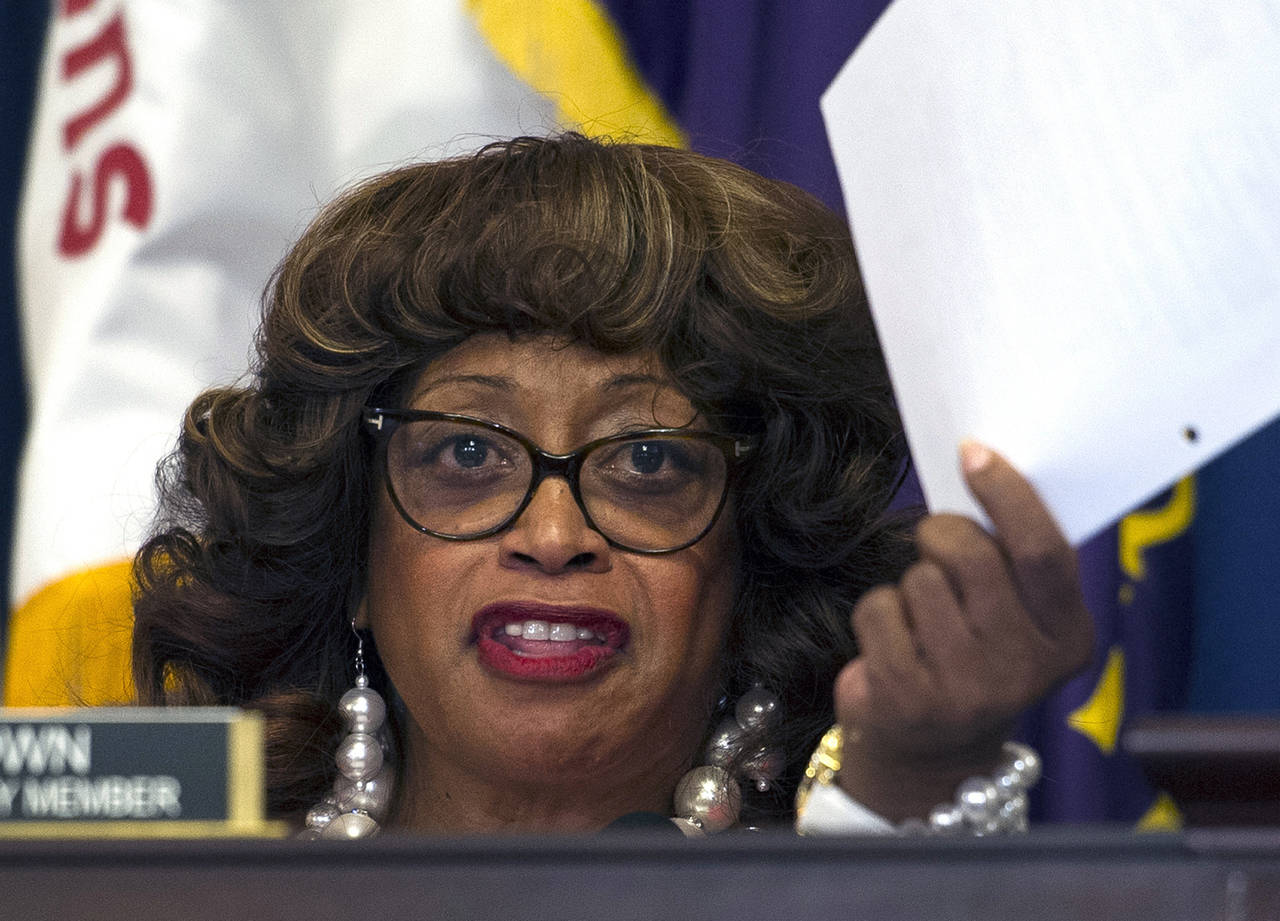 FILE - In this July 22, 2015, file photo, Corrine Brown, D-Fla., speaks at a hearing on Capitol Hil...