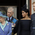 
              FILE - Britain's Queen Elizabeth II, Prince Andrew, Meghan the Duchess of Sussex and Prince Harry stand on a balcony to watch a flypast of Royal Air Force aircraft pass over Buckingham Palace in London, Tuesday, July 10, 2018. The balcony appearance is the centerpiece of almost all royal celebrations in Britain, a chance for the public to catch a glimpse of the family assembled for a grand photo to mark weddings, coronations and jubilees. (AP Photo/Matt Dunham, File)
            