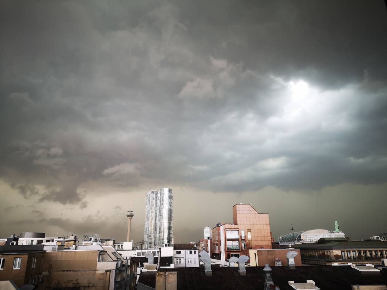 A thunderstorm moves over Duesseldorf, Germany, Thursday, May 19, 2022. Germany’s national weathe...
