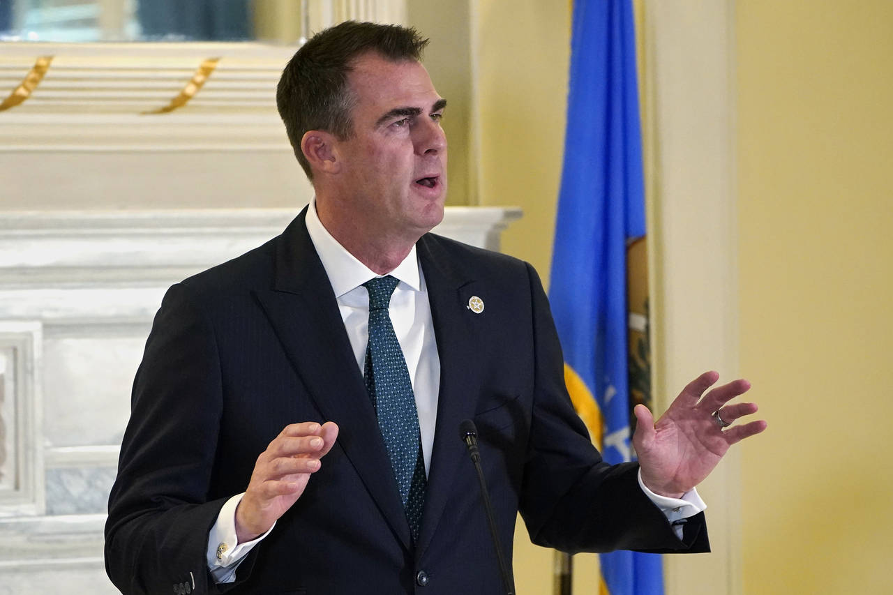 FILE - Oklahoma Gov. Kevin Stitt speaks at a news conference Friday, April 29, 2022, in Oklahoma Ci...